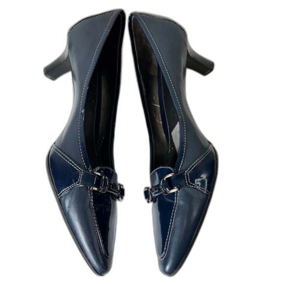 Joan & David Presley Navy Blue Leather Patent Leather Loafer Style Pumps Size 9M - Picture 9 of 15